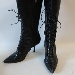 Sergio Rossi Vintage Black Leather Lace-Up Zip Pointy Leather Tall Boot 40 US/10
